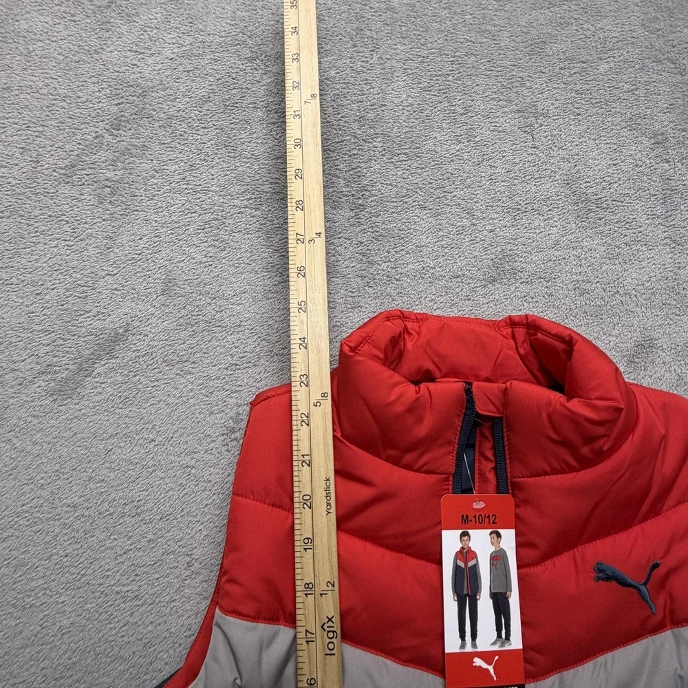 Puma Puffer Vest Boys Medium 10/12 Red Gray Navy Quilted‎ Sleeveless Zip Front
